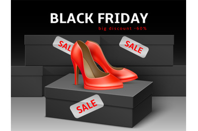 Sale shoes banner. Black friday discount advertising poster with class