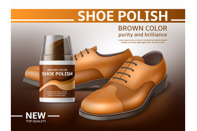 Realistic shoe care poster. Footwear polish cream, brown leather male