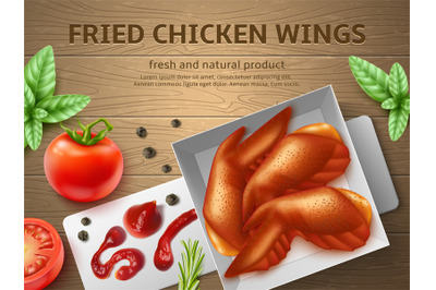 Realistic meat chicken banner. Roasted wings with tomato and herbs&2C; sp