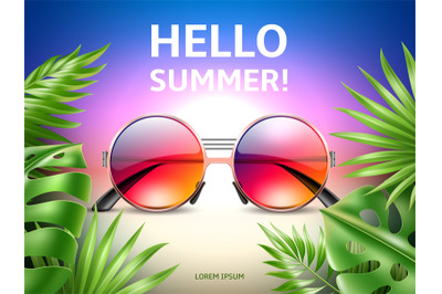 Hello summer sunglasses poster. Realistic color eyewear with green pal