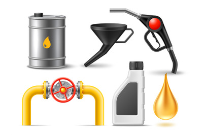 Realistic fuel elements. 3d barrel, golden oil drip, pipeline fragment