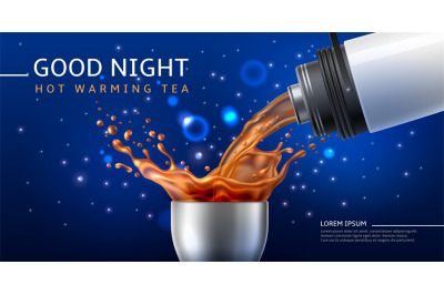 Realistic tea poster. Hot drink jet pouring from thermos into unscrewi