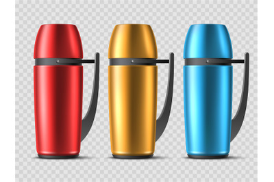 Realistic thermos. Different colors 3d hiking flasks with plastic hand