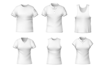 Realistic blank t-shirts. Clear white textile clothes mockup&2C; male and