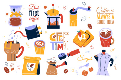 Cartoon coffee elements and text. Food and drinks sticker, sweet desse