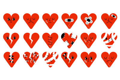 Cartoon sad broken hearts. Kawaii characters, red love symbols with wo