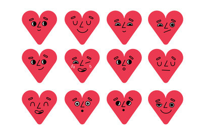 Cartoon hearts emoji. Funny smiles characters, red love symbols sticke