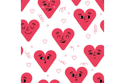 Cartoon hearts emoji seamless pattern. Happy valentines, comic charact