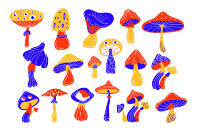 Psychedelic colored mushrooms. Mystical groovy plants, flamboyant hall