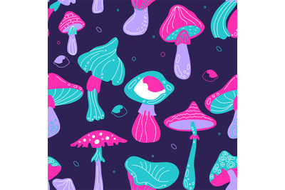 Acid mushrooms seamless pattern. Funny psychedelic objects, colorful d