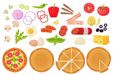 Cartoon pizza ingredients. Italian cuisine fast food, cooking time, pe