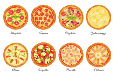 Pizza types set. Different filling types, italian fast food, round dou