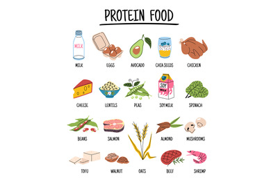 Cartoon protein food. Different soy, milk and meat products, healthy b