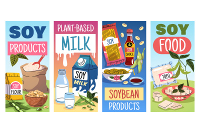 Cartoon soy products cards. Different soybeans food banners, natural g