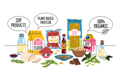 Cartoon soy products composition. Alternative vegan plant proteins, be