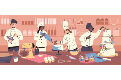 Confectioner characters. Cakes and pastries making process, funny chef