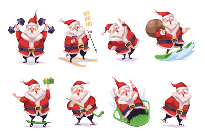 Sporting santa. Cute modern santa character, happy fitness christmas,