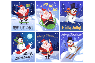 Santa cards. Xmas funny characters posters, cute congratulatory inscri