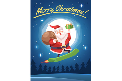 Santa poster. Cartoon cute santa delivers gifts, flying skateboard, fu