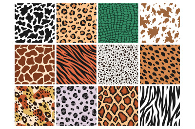 Animal seamless patterns. Mammals, predators fur, reptile skin prints,