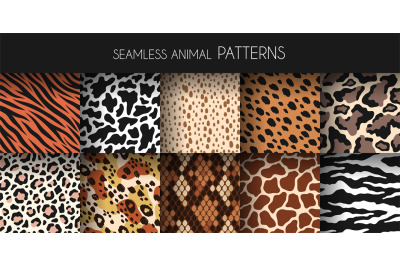 Animal fur seamless patterns. Leather and skin prints, natural fauna b