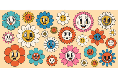 Daisy flowers with cartoon faces. Funny smiling chamomile characters,