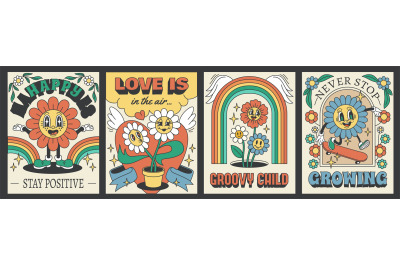 Groovy daisy flower posters. Psychedelic chamomiles with phrases, retr