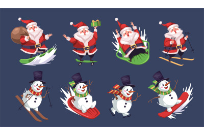 Sporting snowman and Santa. Cartoon characters cute athlete, winter ex