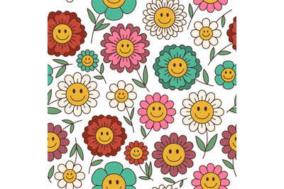 Daisy flower seamless pattern. Retro positive smiling faces, hippie ch