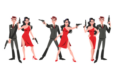 Secret super agents couple. Cartoon man and women spy characters with