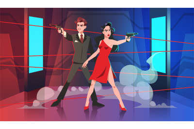 Secret special agents illustration. Spy couple with guns in room with