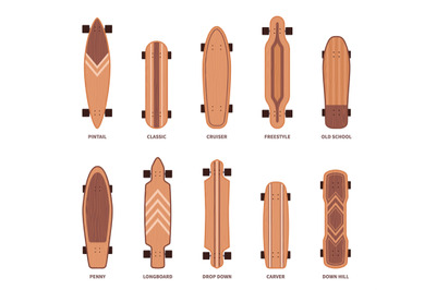 Skate board types. Different wooden longboards shapes, isolated icons,