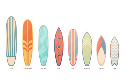 Color surfboards set. Patterned different boards for cutting through w