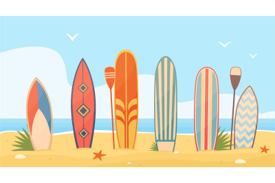 Surfboards on sand. Patterned sea boards in row on beach, ocean surfin