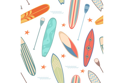 Surfboards seamless pattern. Funny repeated print, different type sea