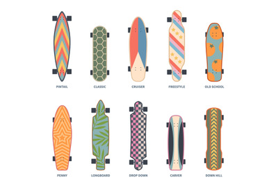 Color skate board set. Cartoon patterned longboards, decorative skateb