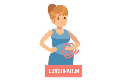 Constipation banner. Woman with stomach ache. Pregnancy symptom