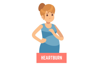 Heartburn symptom. Woman with stomach ache. Pregnancy sickness