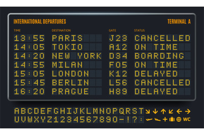 Led airport board. Departure table, information screen and airline ter