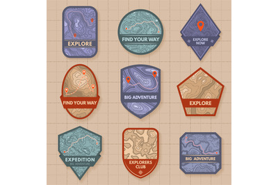 Outdoor adventure emblem. Topographic map badges, travel route plannin