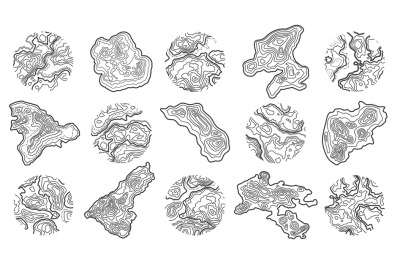 Topographic map texture. Island shape, circle with wood pattern and ge