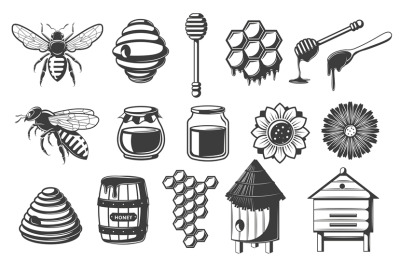 Stencil honey. Bee icon&2C; honeycomb cells and apiary beehive. Honey dip