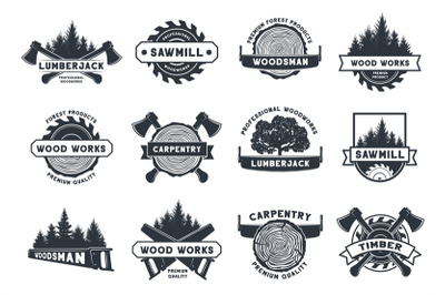 Wood works badge. Lumberjack, sawmill and carpentry emblems. Trees, pi