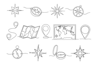 One line location. Hand drawn travel compass, journey route map and pi