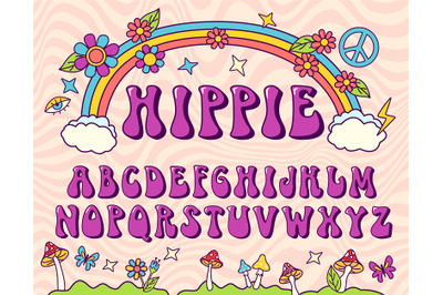 Hippie stylized font. Groovy alphabet, seventies letters for nostatgic