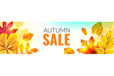 Banner with fall leaves. Autumn season discount offer with red and ora