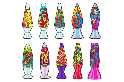 Lava lamps. Psychedelic bubble liquid, 90s retro lamp with colourful n