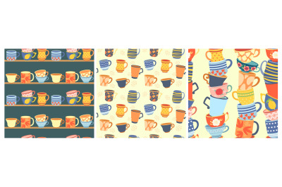 Cups seamless patterns. Coffee cup, stacked mugs and pottery teacups.