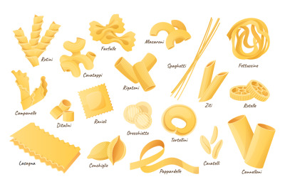 Italian pasta shapes. Fettuccine, spaghetti and lasagna. Dry cannellon