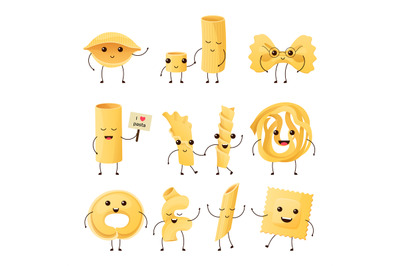 Cartoon Italian pasta characters. Funny noodle products, ravioli masco